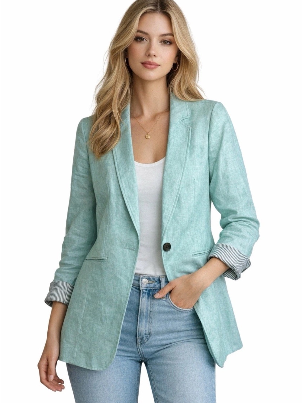 TALBOTS 100% Linen Blazer 1-Button Jacket Size 8 Aqua Blue Summer Preppy